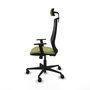 Silla de oficina Mardos con mecanismo Sincro tapizada con Tela color Verde oliva y malla color Negro. Equipada con lumbar 1D, Brazos 1D, Cabecero 2D y Ruedas 65mm nailon
