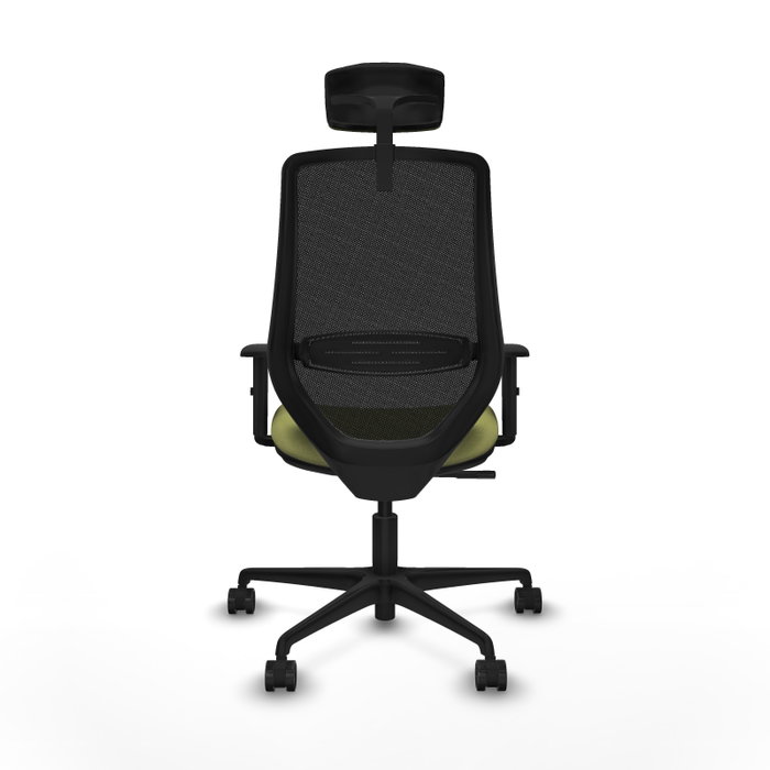 Silla de oficina Mardos con mecanismo Sincro tapizada con Tela color Verde oliva y malla color Negro. Equipada con lumbar 1D, Brazos 1D, Cabecero 2D y Ruedas 65mm nailon