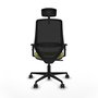 Silla de oficina Mardos con mecanismo Sincro tapizada con Tela color Verde oliva y malla color Negro. Equipada con lumbar 1D, Brazos 1D, Cabecero 2D y Ruedas 65mm nailon