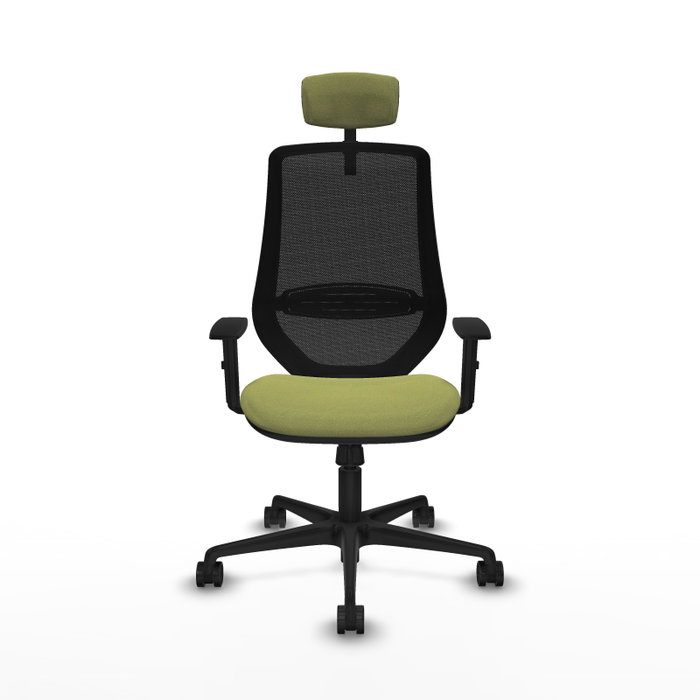 Silla de oficina Mardos con mecanismo Sincro tapizada con Tela color Verde oliva y malla color Negro. Equipada con lumbar 1D, Brazos 1D, Cabecero 2D y Ruedas 65mm nailon