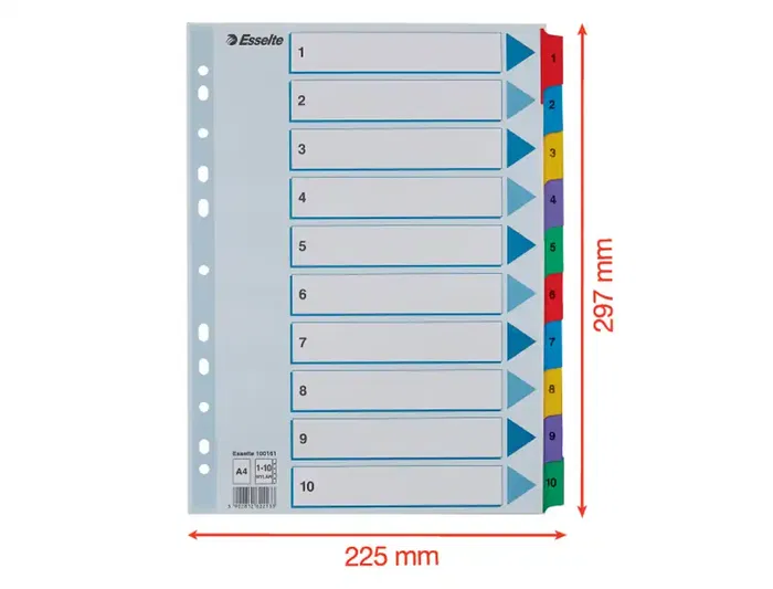 Esselte Separadores Numéricos Cartulina Mylar 1-10 Juego de 10 Separadores DIN A4 Multitaladro Multicolor