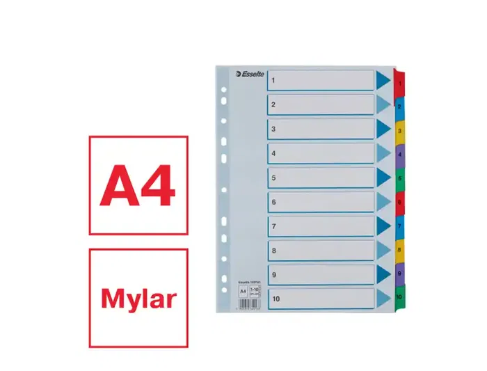 Esselte Separadores Numéricos Cartulina Mylar 1-10 Juego de 10 Separadores DIN A4 Multitaladro Multicolor