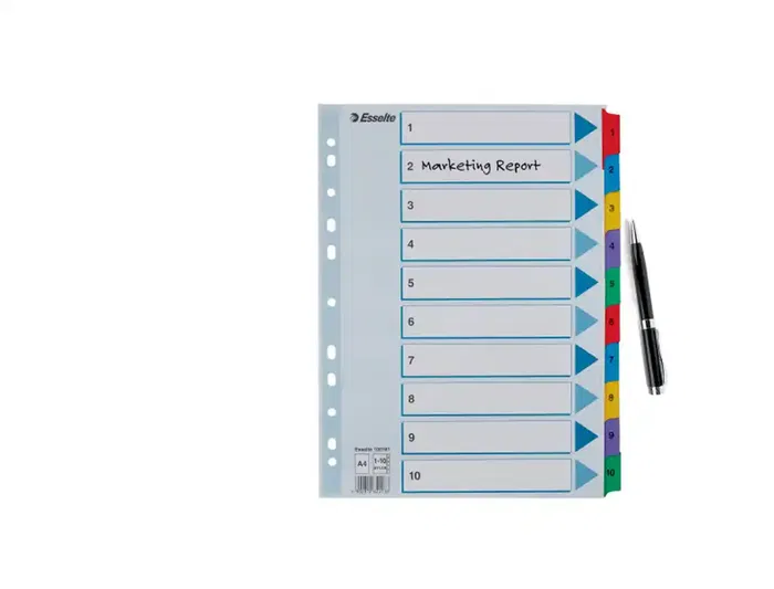 Esselte Separadores Numéricos Cartulina Mylar 1-10 Juego de 10 Separadores DIN A4 Multitaladro Multicolor