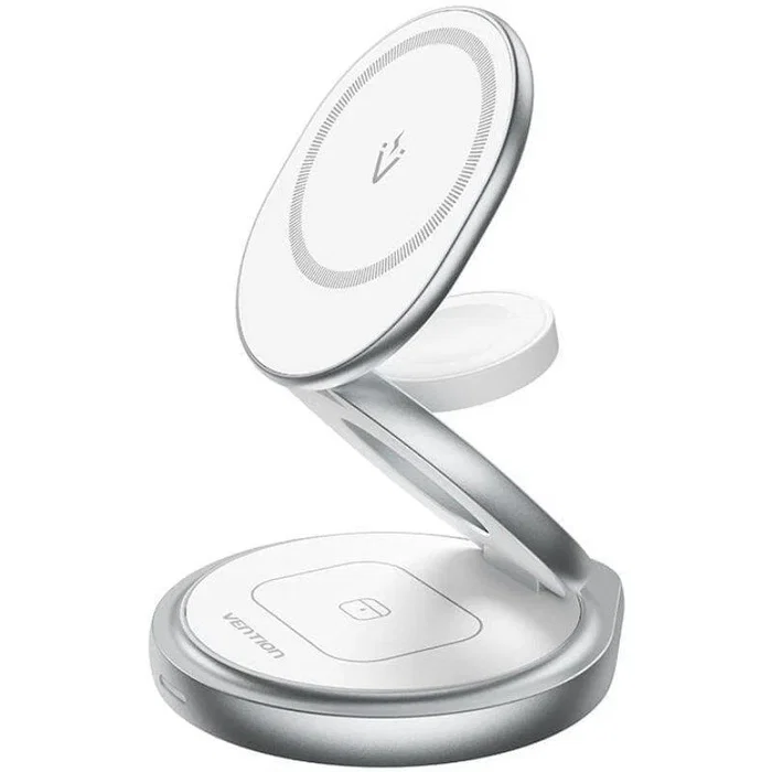 Vention Soporte de Cargador Inalámbrico 3 en 1 con MagSafe, Carga Rápida 15W para iPhone, Apple Watch, AirPods, Plegable, Rotación 360°, Plata, FGEI0