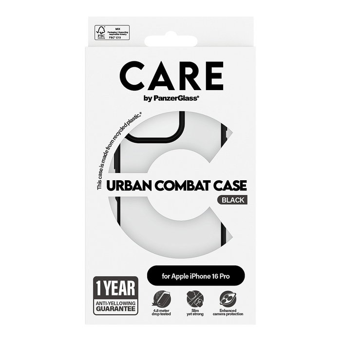 PanzerGlass CARE Urban Combat Funda iPhone 16 Pro Transparente Marco Negro Resistente Golpes