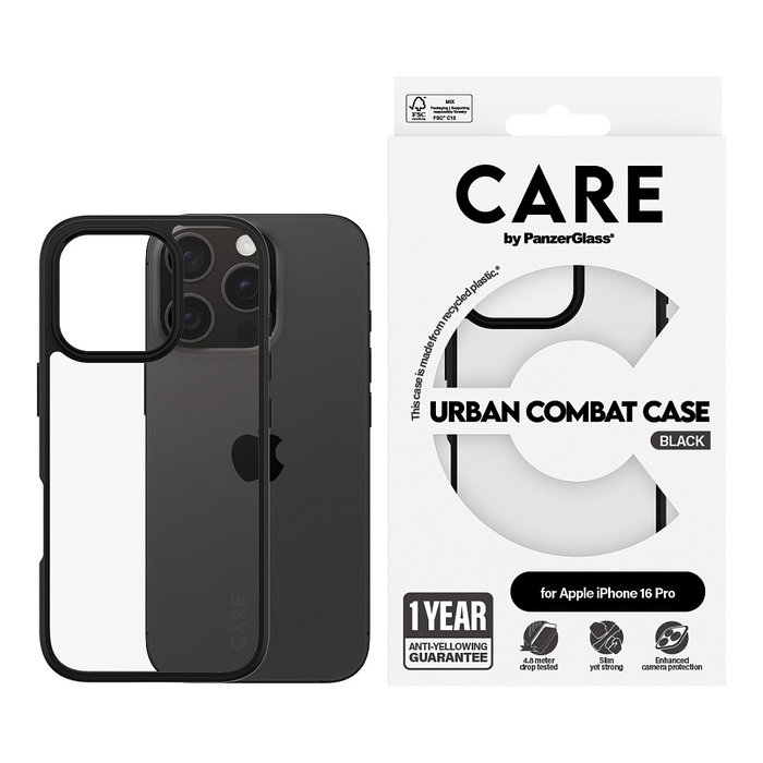 PanzerGlass CARE Urban Combat Funda iPhone 16 Pro Transparente Marco Negro Resistente Golpes