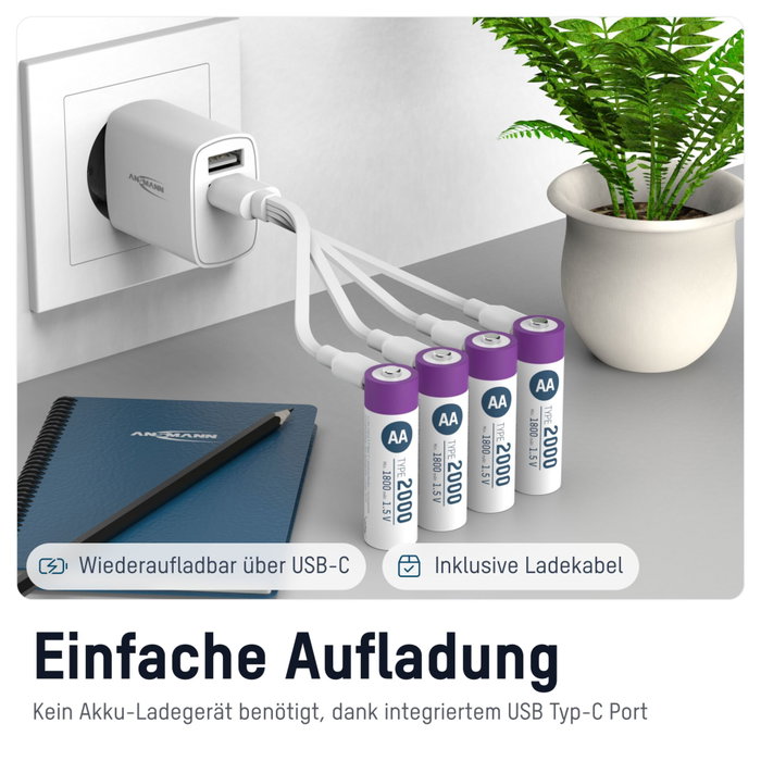 Ansmann 4x AA Lithium Akku Mignon 1800mAh + Cable