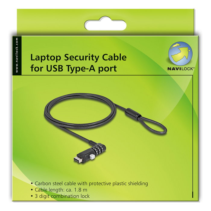 Navilock Cable de Seguridad para Notebook con Puerto USB Tipo-A y Candado de Combinación. (Zahlenschloss) lifesafe/USB Typ-A Buchse