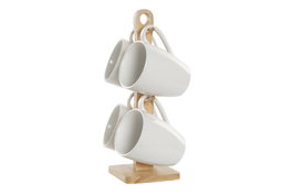 DKD Home Decor Set de 4 Tazas de Gres y Rubberwood Lianfeng 21 Blanco y Natural