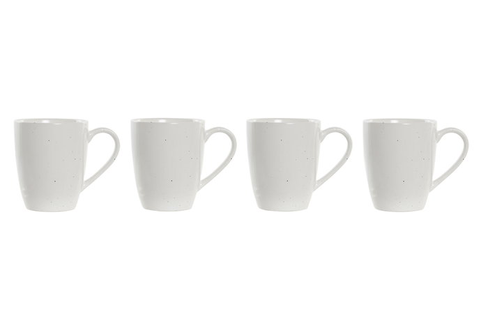 DKD Home Decor Set de 4 Tazas de Gres y Rubberwood Lianfeng 21 Blanco y Natural