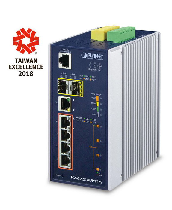PLANET IGS-5225-4UP1T2S Switch Industrial Gestionado L2+, 4 Puertos PoE++ 802.3bt Gigabit (hasta 95W), 1 Puerto Gigabit, 2 SFP, IP30, Rango Temp -40 a 75°C PLANET IGS-5225-4UP1T2S Switch Industrial Gestionado L2+, 4 Puertos PoE++ 802.3bt Gigabit (hasta 95W), 1 Puerto Gigabit, 2 SFP, IP30, Rango Temp -40 a 75°C