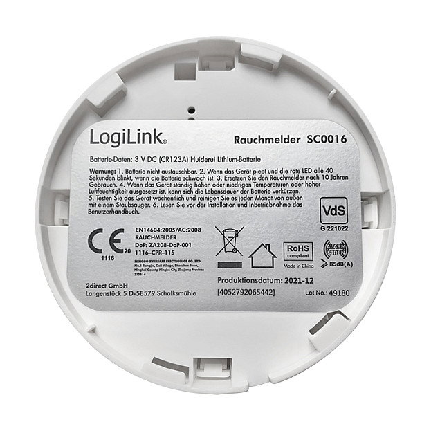 LogiLink Detector de humo con aprobación VdS y batería de 10 años LogiLink Detector de humo con aprobación VdS y batería de 10 años