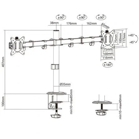 AISENS - SOPORTE DE MESA ECO GIRATORIO E INCLINABLE PARA 9KG (3 PIVOTES, 2 BRAZOS) DE 17-32, NEGRO AISENS - SOPORTE DE MESA ECO GIRATORIO E INCLINABLE PARA 9KG (3 PIVOTES, 2 BRAZOS) DE 17-32, NEGRO