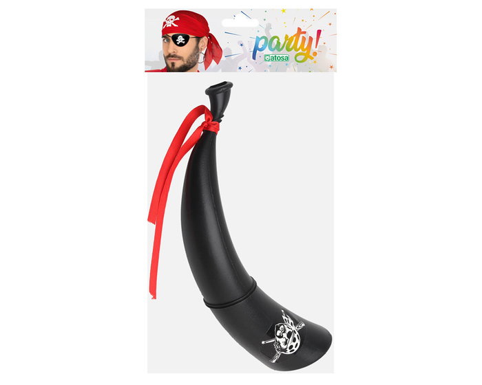 Cuerno de Pirata Negro 27 cm con Cinta Roja y Calavera Blanca