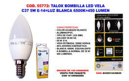 TALOX Bombilla LED Vela C37 5W E14 Blanco 6500K 450 Lumen