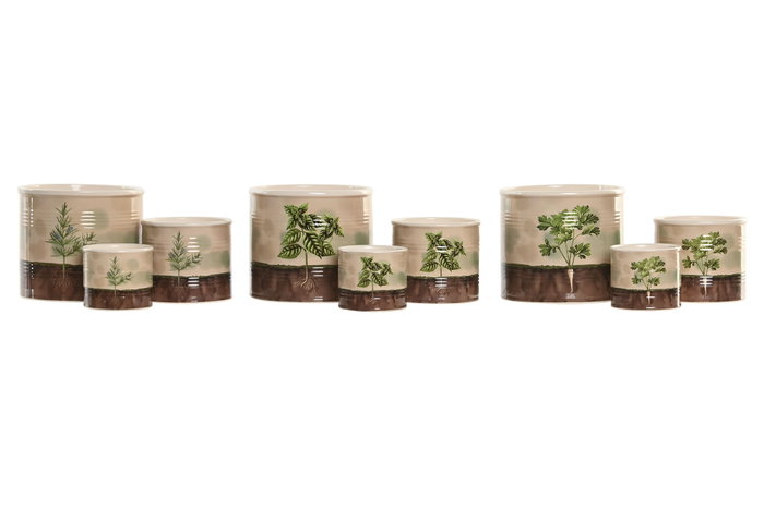 DKD Home Decor Set de 3 Maceteros de Cerámica para Hierbas Verde y Marrón
