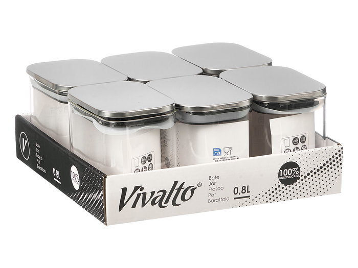 Vivalto Tarro Rectangular de Vidrio Borosilicato 800 ml, Tapa de Acero, Capacidad 800 ml, Dimensiones 12x10.8x8.2 cm (Set de 12)