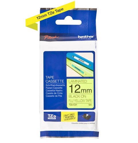 Brother Cinta laminada TZE-C31 Amarillo fluorescente / negro 12mm x 5m Brother Cinta laminada TZE-C31 Amarillo fluorescente / negro 12mm x 5m
