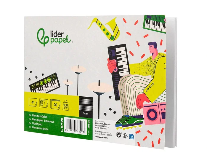 Liderpapel Bloc Música Pentagrama 5mm Cuarto 20 Hojas 100 g/m² Grapado
