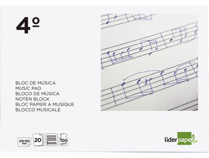 Liderpapel Bloc Música Pentagrama 5mm Cuarto 20 Hojas 100 g/m² Grapado