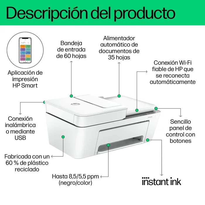 HP DeskJet 4220e Impresora Multifunción A4 Wi-Fi, Color, 4800 x 1200 DPI, Alimentador Automático 35 Hojas, HP+, Instant Ink Compatible - Color Gris