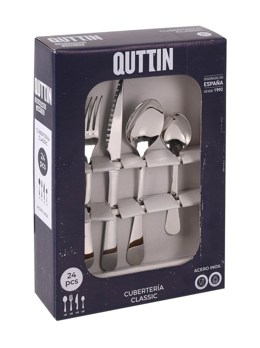 Inde - Cubertería Quttin "Classic" 24 Piezas, Acero Inoxidable, Set para 6 Personas (6 Tenedores, 6 Cuchillos, 6 Cucharas, 6 Cucharas de Postre), Peso 11.88 kg (8 Unidades)