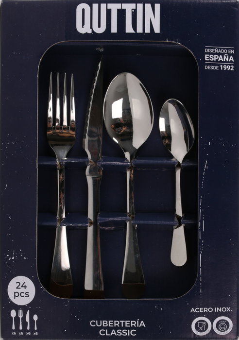 Inde - Cubertería Quttin "Classic" 24 Piezas, Acero Inoxidable, Set para 6 Personas (6 Tenedores, 6 Cuchillos, 6 Cucharas, 6 Cucharas de Postre), Peso 11.88 kg (8 Unidades)
