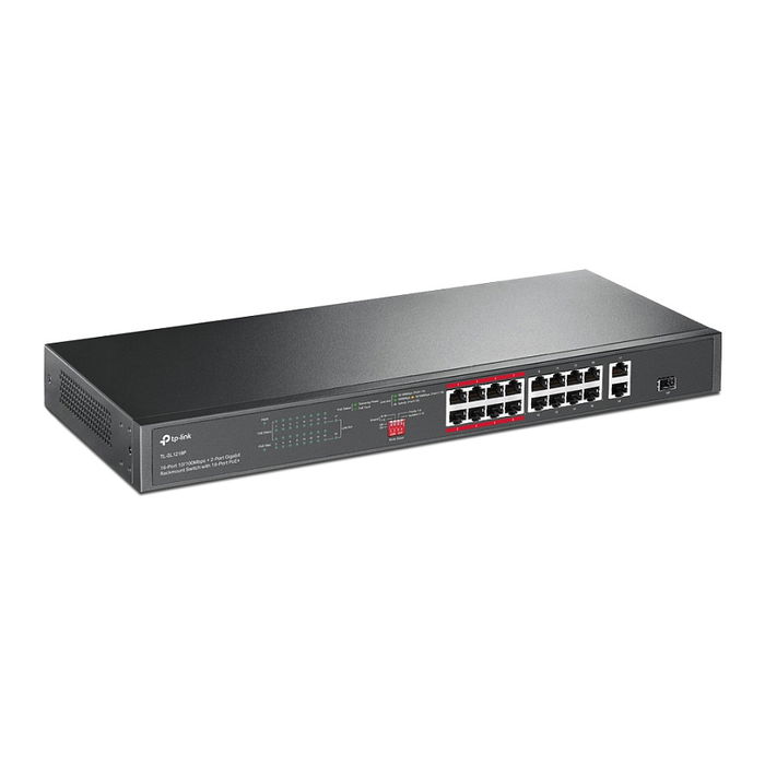 TP-LINK Switch de Red TL-SL1218P, 16 Puertos Gigabit con 2 SFP, 8 Puertos PoE+, Gestión Inteligente, Negro