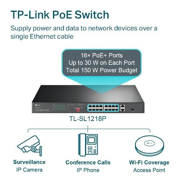TP-Link TL-SL1218P Switch Gigabit PoE+ de 16 puertos, Negro