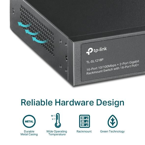 TP-Link TL-SL1218P Switch Gigabit PoE+ de 16 puertos, Negro