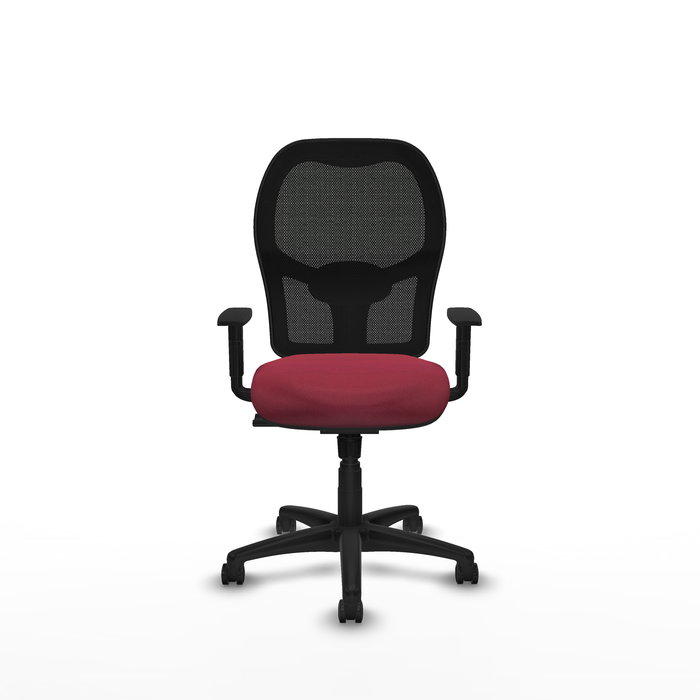 Silla de oficina Alocén con mecanismo Sincro tapizada con Tela color Granate y malla color Negro. Equipada con lumbar 1D, Brazos 1D y Ruedas de parqué
