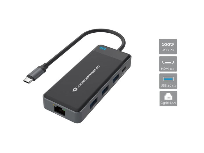 Conceptronic DONN14G Adaptador USB-C Multipuerto 7 en 1 a HDMI 4K, USB-C PD 100W, USB 3.0, GbE