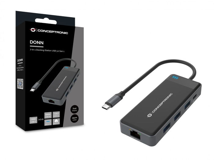 Conceptronic DONN14G Adaptador USB-C Multipuerto 7 en 1 a HDMI 4K, USB-C PD 100W, USB 3.0, GbE