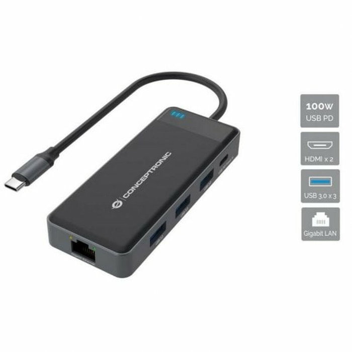 Conceptronic Adaptador 7 en 1 USB-C con 2x HDMI, USB-C PD, USB 3.0 y Gigabit Ethernet DONN14G Gris Conceptronic Adaptador 7 en 1 USB-C con 2x HDMI, USB-C PD, USB 3.0 y Gigabit Ethernet DONN14G Gris