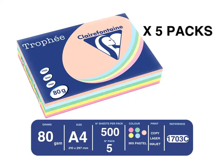 CLAIREFONTAINE Papel Trophée A4 80g Surtido Pastel 500 Hojas