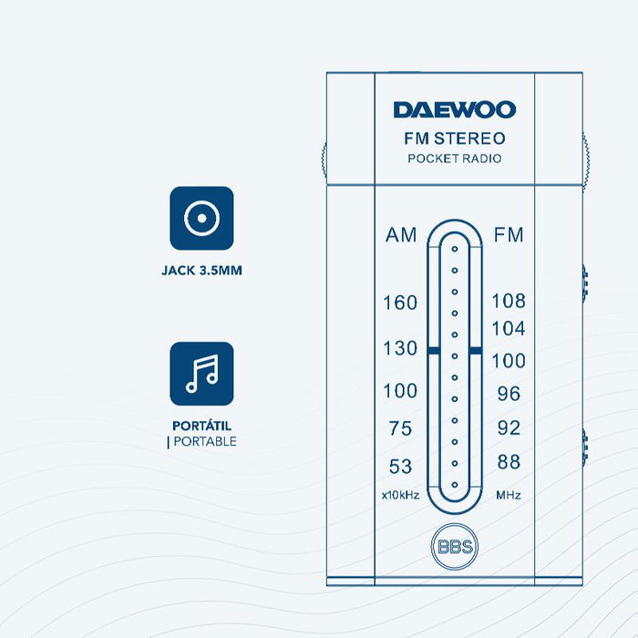 DAEWOO Radio AM/FM Mini Portátil con Auriculares Incluidos y Sonido Superbass