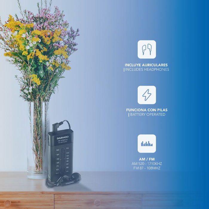 DAEWOO Radio AM/FM Mini Portátil con Auriculares Incluidos y Sonido Superbass