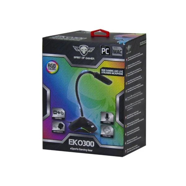 EKONO Micrófono de PC Gaming EKO300 USB con Supresor de Ruido y Luces RGB para Streaming, Discord, Plug & Play - Incluye Espuma Antiviento y Base Antideslizante
