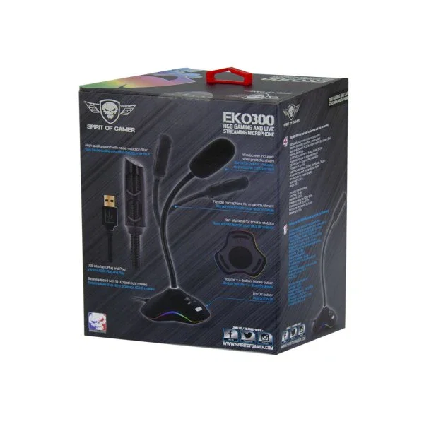 EKONO Micrófono de PC Gaming EKO300 USB con Supresor de Ruido y Luces RGB para Streaming, Discord, Plug & Play - Incluye Espuma Antiviento y Base Antideslizante