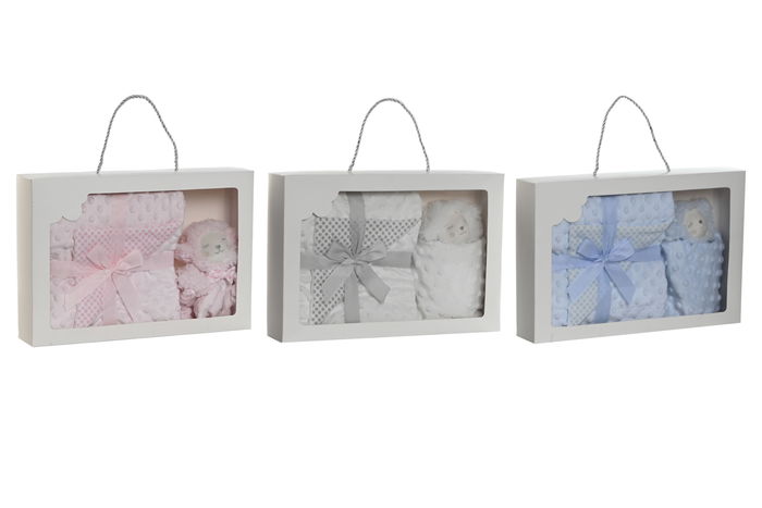 DKD Home Decor Set de 2 (3 Unidades) Peluche Manta Bebé Azul Rosa Beige Poliéster 100x75 cm