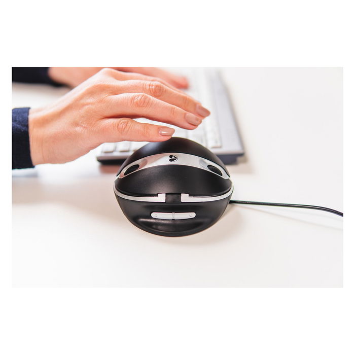 BakkerElkhuizen Oyster - Ratón Vertical Ergonómico para Oficina, Ambidiestro, Láser 1200 DPI, 5 Botones, Inclinación Ajustable, Plug and Play, USB Negro/Plata