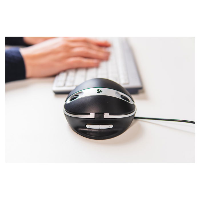 BakkerElkhuizen Oyster - Ratón Vertical Ergonómico para Oficina, Ambidiestro, Láser 1200 DPI, 5 Botones, Inclinación Ajustable, Plug and Play, USB Negro/Plata