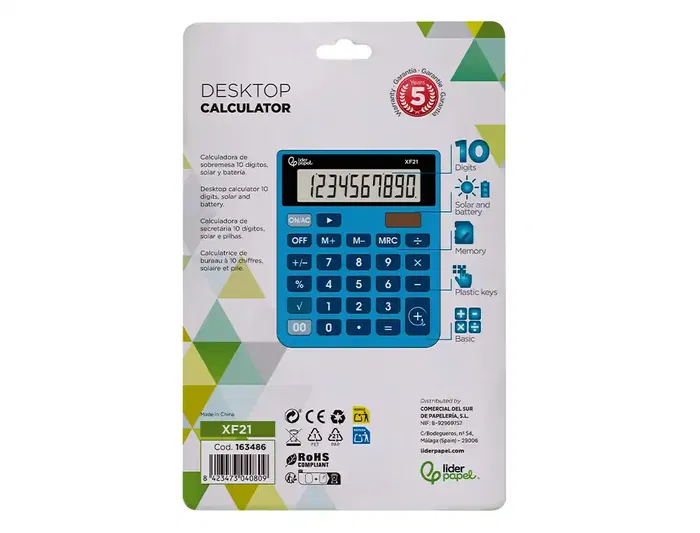 Liderpapel xf21 Calculadora de Sobremesa 10 Dígitos Solar y Pilas Color Azul 127x105x24 mm