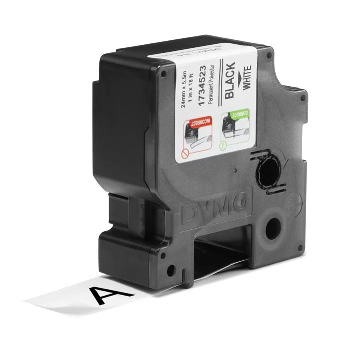 DYMO 1734523 Cinta de Poliéster para Etiquetas Industriales Rhino, 24mm x 5.5m, Negro sobre Blanco, Resistente a UV y Temperaturas Extremas