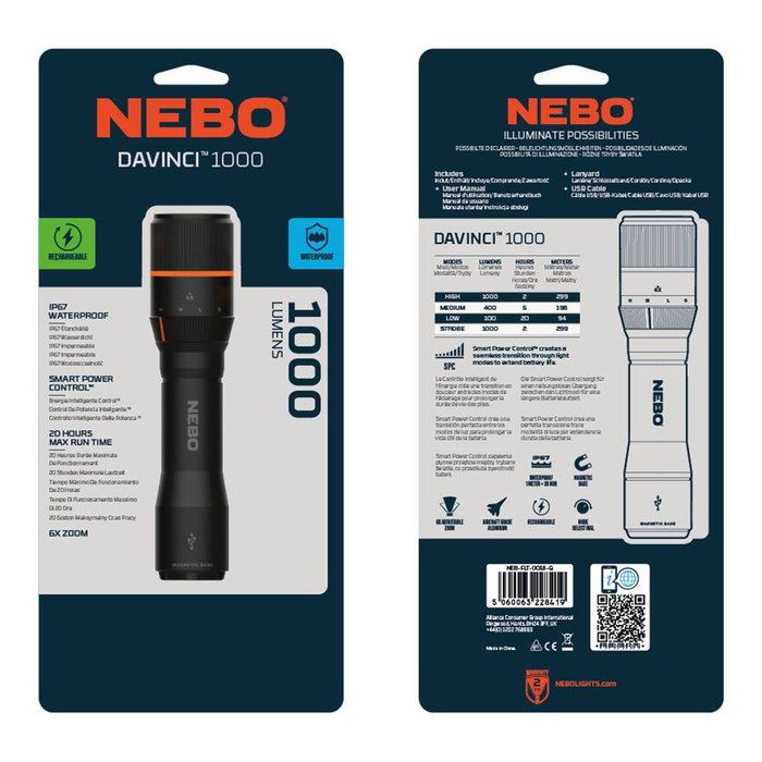 Nebo Linterna 1000 Lúmenes Recargable Nebo Davinci LED Negra Zoom X6 IP67 Hasta 20h
