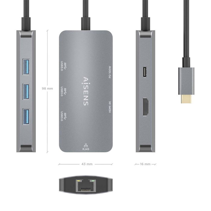 Aisens USB-C Dock 6 en 1 ASUC-6P019-GR con HDMI 4K, RJ45 y 3xUSB-A, Gris Aisens USB-C Dock 6 en 1 ASUC-6P019-GR con HDMI 4K, RJ45 y 3xUSB-A, Gris