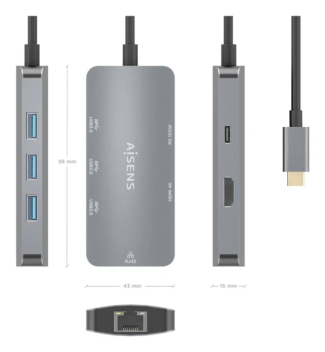 Aisens USB-C Dock 6 en 1 con HDMI 4K, RJ45 y 3xUSB-A, Gris Aisens USB-C Dock 6 en 1 con HDMI 4K, RJ45 y 3xUSB-A, Gris