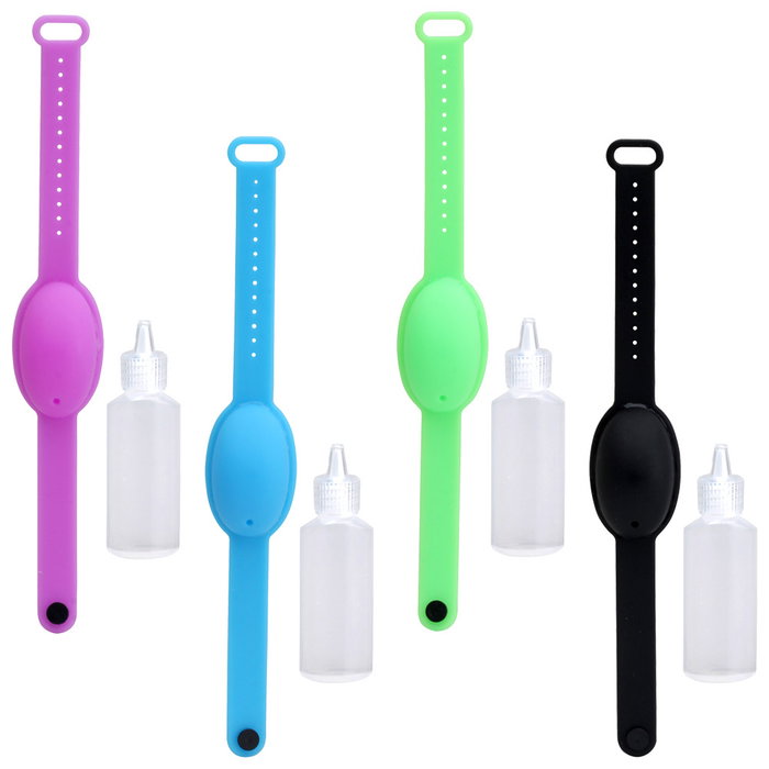 CMP Pulsera para Gel Hidroalcohólico con Botella de 20 ml Reflenable - Colores Surtidos (Lila, Azul, Verde, Negro)