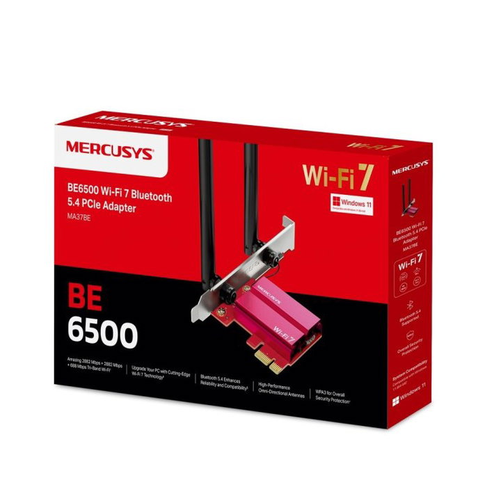 Mercusys MA37BE Tarjeta de Red PCIe Wi-Fi 7 BE6500 y Bluetooth 5.4 para PC Windows 11, 6500 Mbps, 3 Bandas, 2 Antenas, WPA3