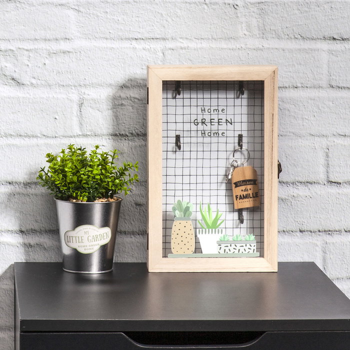 Home Deco Factory Good Deal Caja Llaves Madera con 6 Ganchos y Tapa de Cristal 19,5x5x30 cm